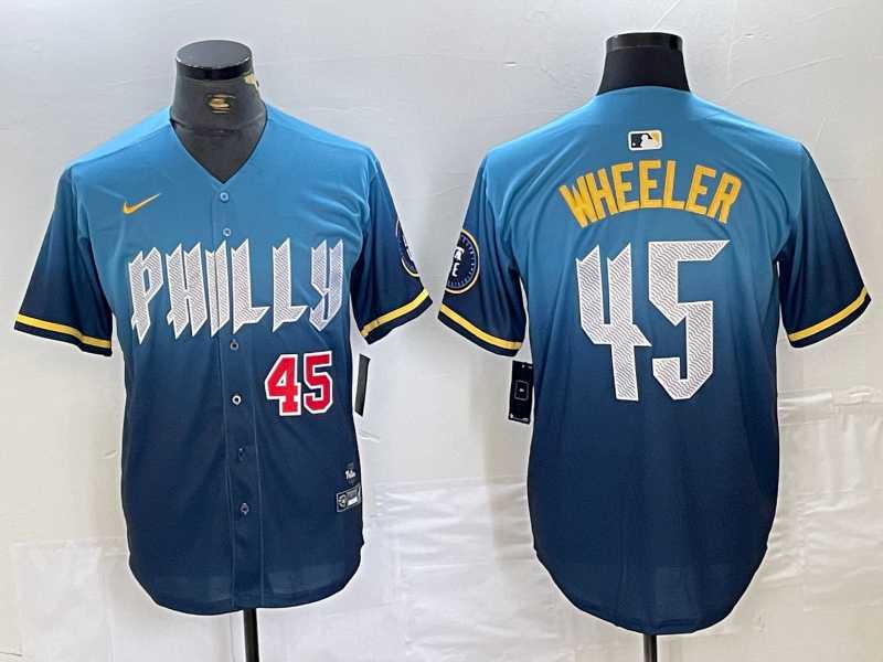 Mens Philadelphia Phillies #45 Zack Wheeler Blue 2024 City Player Number Cool Base Stitched Jerseys